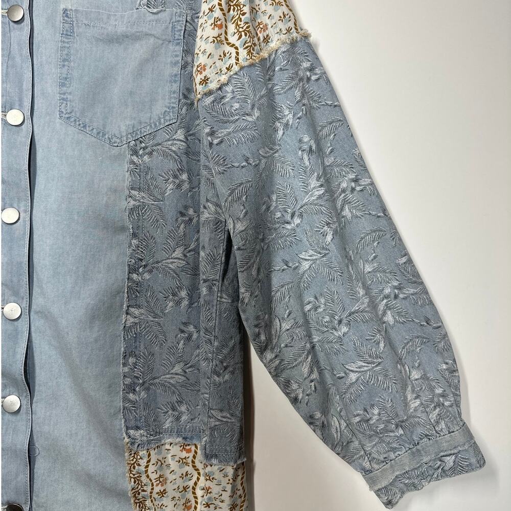 POL Patchwork Exposed Seam Button Up Top Chambray Floral Long Sleeve Boho Sz S - Picture 5 of 14